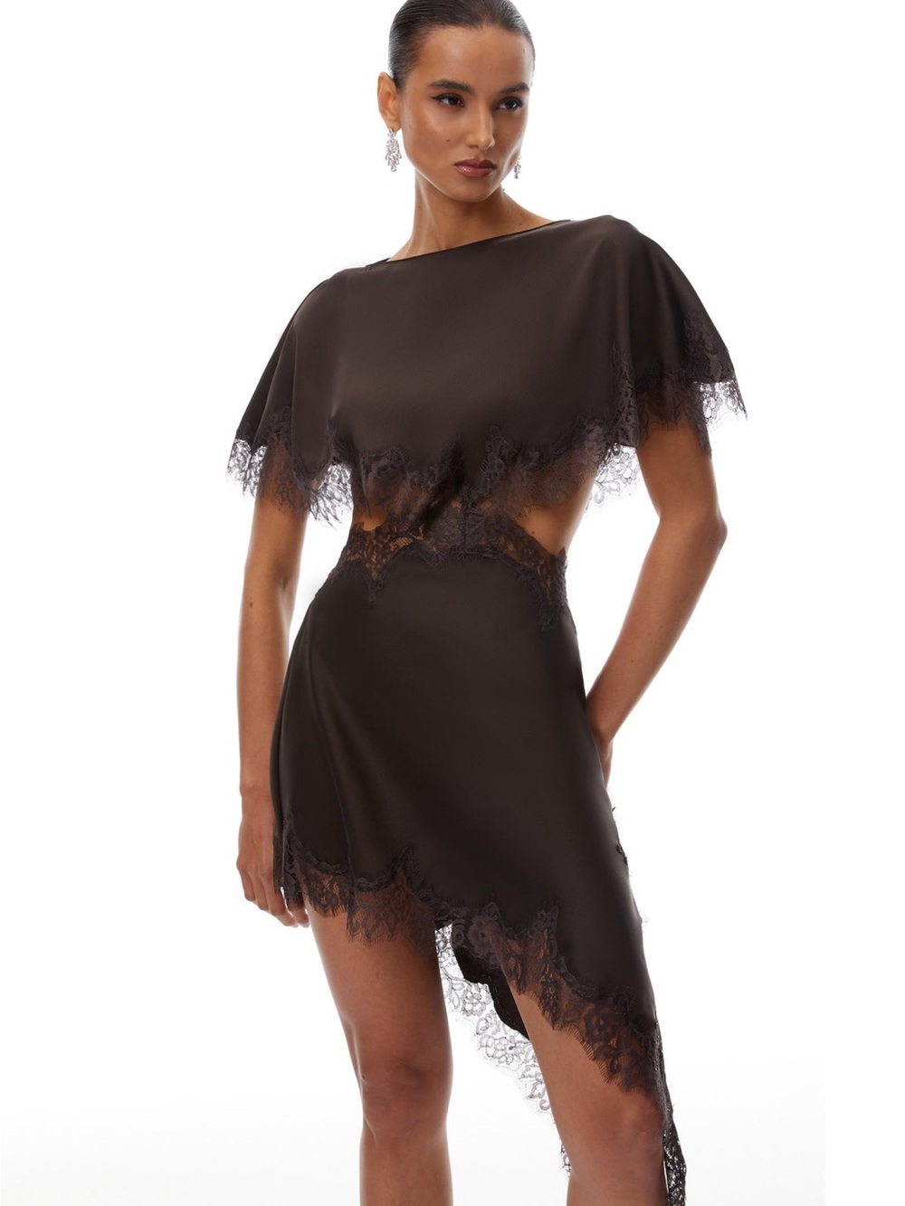Women's Mini Dress in Dark Brown with Lace Trim Size M